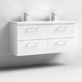 Nuie Arno Wall Hung 4-Drawer Vanity Unit with Double Ceramic Basin 1200mm Wide - Gloss White