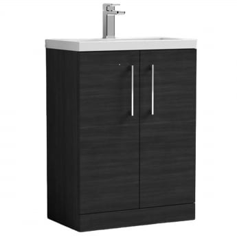 Nuie Arno Compact Floor Standing 2-Door Vanity Unit with Ceramic Basin 600mm Wide - Charcoal Black Woodgrain