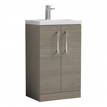 Nuie Arno Compact Floor Standing 2-Door Vanity Unit with Polymarble Basin 500mm Wide - Solace Oak Woodgrain