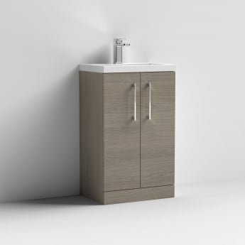 Nuie Arno Compact Floor Standing 2-Door Vanity Unit with Polymarble Basin 500mm Wide - Solace Oak Woodgrain