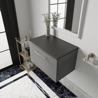 Nuie Arno Wall Hung 1-Drawer Vanity Unit with Sparkling Black Worktop 600mm Wide - Anthracite Woodgrain