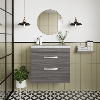 Nuie Athena Wall Hung 2-Drawer Vanity Unit with Grey Worktop 600mm Wide - Anthracite Woodgrain