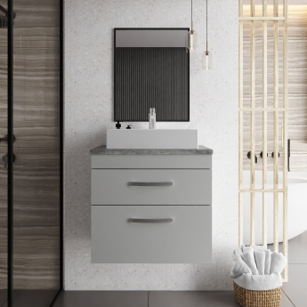 Nuie Athena Wall Hung 2-Drawer Vanity Unit with Grey Worktop 600mm Wide - Charcoal Black Woodgrain