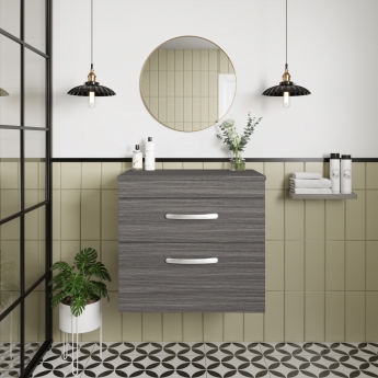 Nuie Athena Wall Hung 2-Drawer Vanity Unit and Worktop 600mm Wide - Anthracite Woodgrain