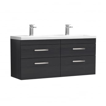 Nuie Athena Wall Hung 4-Drawer Vanity Unit with Double Ceramic Basin 1200mm Wide - Charcoal Black Woodgrain