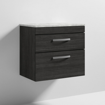 Nuie Athena Wall Hung 2-Drawer Vanity Unit with Grey Worktop 600mm Wide - Charcoal Black Woodgrain