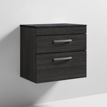 Nuie Athena Wall Hung 2-Drawer Vanity Unit with Sparkling Black Worktop 600mm Wide - Charcoal Black Woodgrain