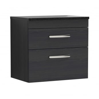 Nuie Athena Wall Hung 2-Drawer Vanity Unit with Sparkling Black Worktop 600mm Wide - Charcoal Black Woodgrain