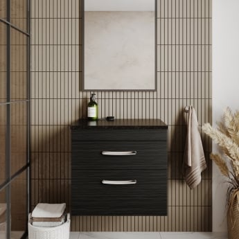 Nuie Athena Wall Hung 2-Drawer Vanity Unit with Sparkling Black Worktop 600mm Wide - Charcoal Black Woodgrain