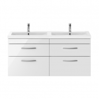 Nuie Athena Wall Hung 4-Drawer Vanity Unit with Double Ceramic Basin 1200mm Wide - Gloss White