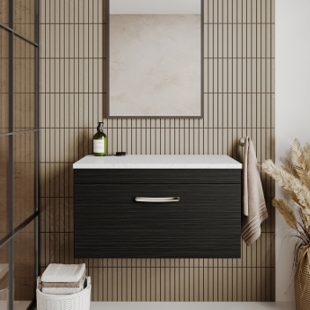 Nuie Athena Wall Hung 1-Drawer Vanity Unit with Sparkling White Worktop 800mm Wide - Charcoal Black Woodgrain