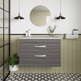 Nuie Athena Wall Hung 2-Drawer Vanity Unit with Grey Worktop 800mm Wide - Anthracite Woodgrain