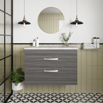 Nuie Athena Wall Hung 2-Drawer Vanity Unit with Sparkling White Worktop 800mm Wide - Anthracite Woodgrain