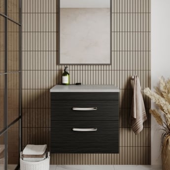 Nuie Athena Wall Hung 2-Drawer Vanity Unit with Grey Worktop 800mm Wide - Charcoal Black Woodgrain