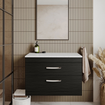 Nuie Athena Wall Hung 2-Drawer Vanity Unit with Sparkling White Worktop 800mm Wide - Charcoal Black Woodgrain