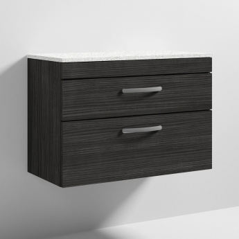 Nuie Athena Wall Hung 2-Drawer Vanity Unit with Sparkling White Worktop 800mm Wide - Charcoal Black Woodgrain