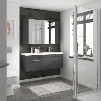 Nuie Athena Wall Hung 2-Drawer Vanity Unit with Double Ceramic Basin 1200mm Wide - Gloss Grey