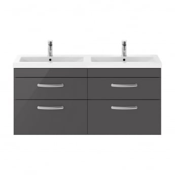 Nuie Athena Wall Hung 4-Drawer Vanity Unit with Double Ceramic Basin 1200mm Wide - Gloss Grey