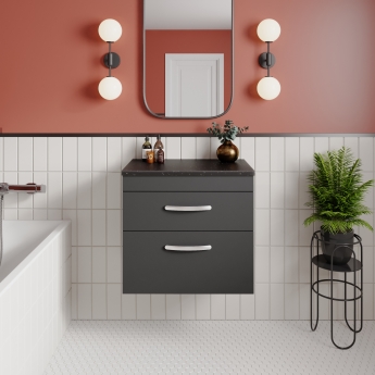 Nuie Athena Wall Hung 2-Drawer Vanity Unit with Sparkling Black Worktop 600mm Wide - Gloss Grey