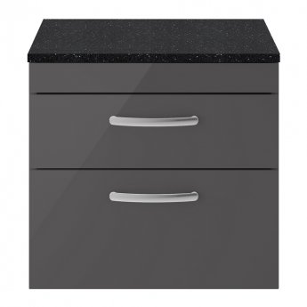 Nuie Athena Wall Hung 2-Drawer Vanity Unit with Sparkling Black Worktop 600mm Wide - Gloss Grey