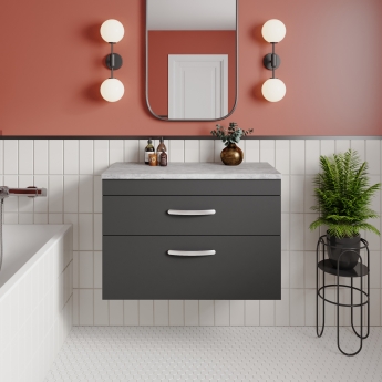 Nuie Athena Wall Hung 2-Drawer Vanity Unit with Grey Worktop 800mm Wide - Gloss Grey