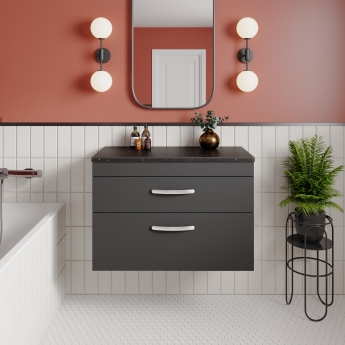 Nuie Athena Wall Hung 2-Drawer Vanity Unit with Sparkling Black Worktop 800mm Wide - Gloss Grey