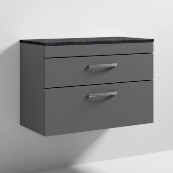 Nuie Athena Wall Hung 2-Drawer Vanity Unit with Sparkling Black Worktop 800mm Wide - Gloss Grey