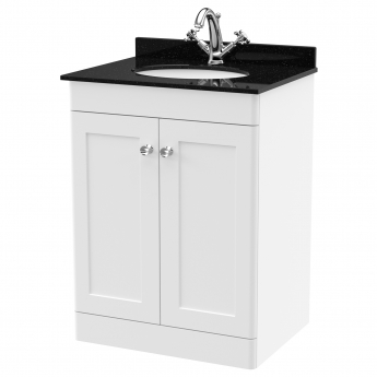 Nuie Classique Floor Standing 2-Door Vanity Unit with 1TH Black Marble Top Basin 600mm Wide - Satin White