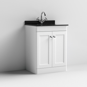 Nuie Classique Floor Standing 2-Door Vanity Unit with 1TH Black Marble Top Basin 600mm Wide - Satin White