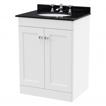 Nuie Classique Floor Standing 2-Door Vanity Unit with 3TH Black Marble Top Basin 600mm Wide - Satin White