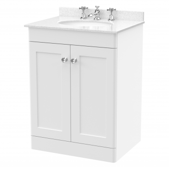 Nuie Classique Floor Standing 2-Door Vanity Unit with 3TH White Round Marble Top Basin 600mm Wide - Satin White