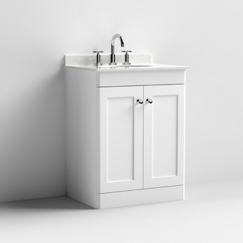 Nuie Classique Floor Standing 2-Door Vanity Unit with 3TH White Round Marble Top Basin 600mm Wide - Satin White