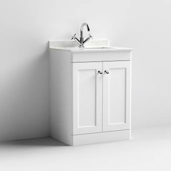 Nuie Classique Floor Standing 2-Door Vanity Unit with 1TH White Square Marble Top Basin 600mm Wide - Satin White