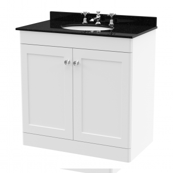 Nuie Classique Floor Standing 2-Door Vanity Unit with 3TH Black Marble Top Basin 800mm Wide - Satin White