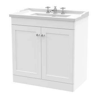 Nuie Classique Floor Standing 2-Door Vanity Unit with Traditional Basin 800mm Wide Satin White - 3 Tap Hole