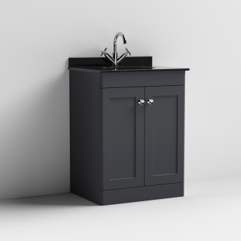 Nuie Classique Floor Standing 2-Door Vanity Unit with 1TH Black Marble Top Basin 600mm Wide - Satin Anthracite