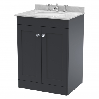 Nuie Classique Floor Standing 2-Door Vanity Unit with 3TH Grey Marble Top Basin 600mm Wide - Satin Anthracite