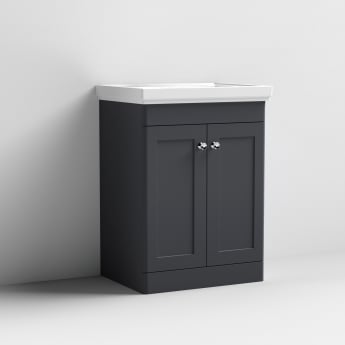 Nuie Classique Floor Standing 2-Door Vanity Unit with Classic Basin 600mm Wide Satin Anthracite - 0 Tap Hole