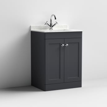 Nuie Classique Floor Standing 2-Door Vanity Unit with 1TH White Square Marble Top Basin 600mm Wide - Satin Anthracite