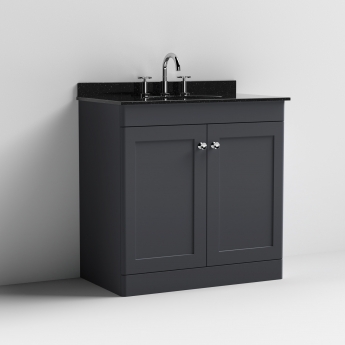 Nuie Classique Floor Standing 2-Door Vanity Unit with 3TH Black Marble Top Basin 800mm Wide - Satin Anthracite