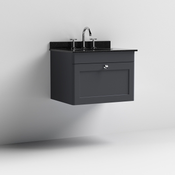 Nuie Classique Wall Hung 1-Drawer Vanity Unit with 3TH Black Marble Top Basin 600mm Wide - Satin Anthracite