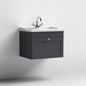 Nuie Classique Wall Hung 1-Drawer Vanity Unit with Traditional Basin 600mm Wide Satin Anthracite - 1 Tap Hole