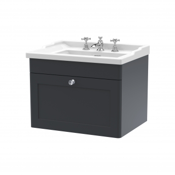 Nuie Classique Wall Hung 1-Drawer Vanity Unit with Traditional Basin 600mm Wide Satin Anthracite - 3 Tap Hole