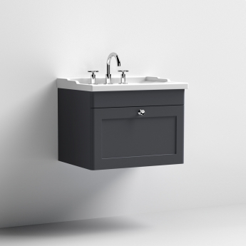 Nuie Classique Wall Hung 1-Drawer Vanity Unit with Traditional Basin 600mm Wide Satin Anthracite - 3 Tap Hole