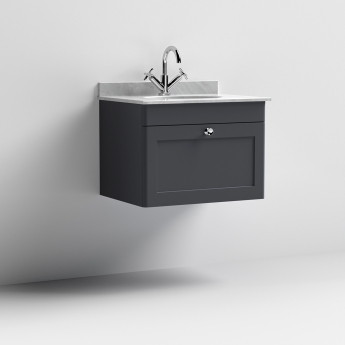 Nuie Classique Wall Hung 1-Drawer Vanity Unit with 1TH Grey Marble Top Basin 600mm Wide - Satin Anthracite