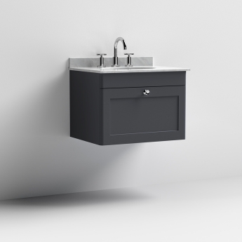 Nuie Classique Wall Hung 1-Drawer Vanity Unit with 3TH Grey Marble Top Basin 600mm Wide - Satin Anthracite