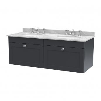 Nuie Classique Wall Hung 2-Drawer Vanity Unit with 3TH Grey Marble Top Basin 1200mm Wide - Satin Anthracite