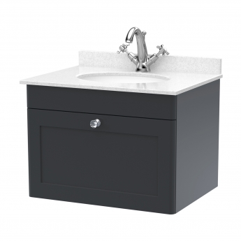 Nuie Classique Wall Hung 1-Drawer Vanity Unit with 1TH White Round Marble Top Basin 600mm Wide - Satin Anthracite