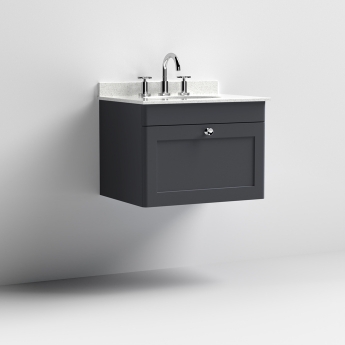 Nuie Classique Wall Hung 1-Drawer Vanity Unit with 3TH White Round Marble Top Basin 600mm Wide - Satin Anthracite