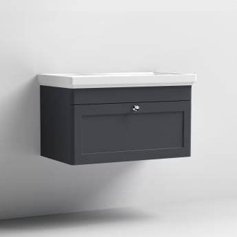 Nuie Classique Wall Hung 1-Drawer Vanity Unit with Traditional Basin 800mm Wide Satin Anthracite - 0 Tap Hole